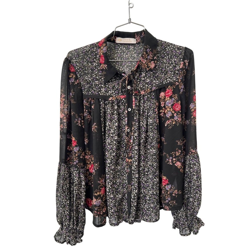 Leela and Lavender Floral Blouse Size Small Button Front Long Sleeve Whimsigoth
